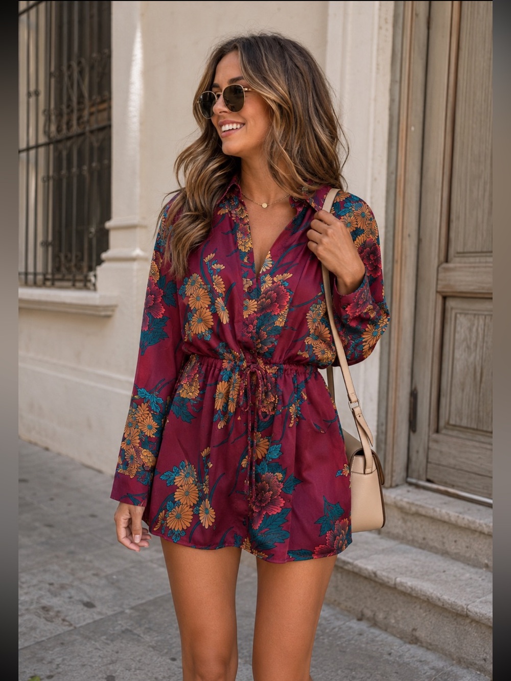 Boohoo Burgundy Floral Long-Sleeve Mini Dress
